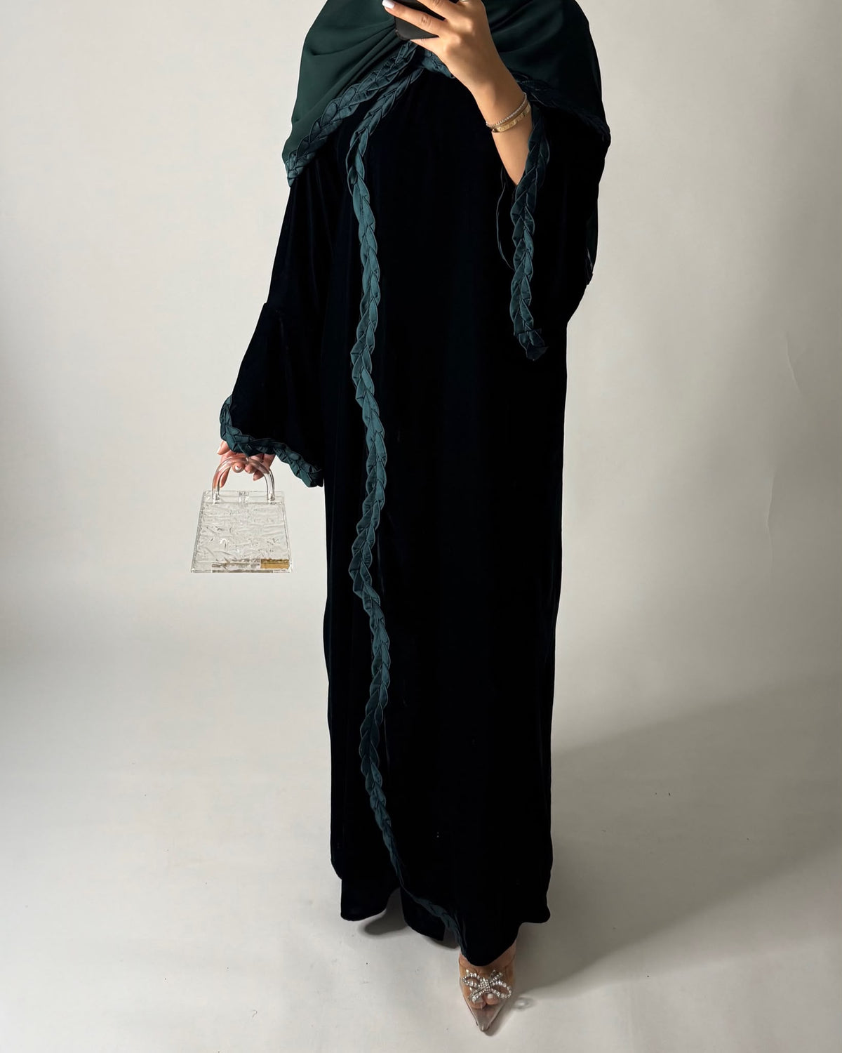 A688 - Forest Green Braided Waves Velvet Abaya with Matching Head Scarf