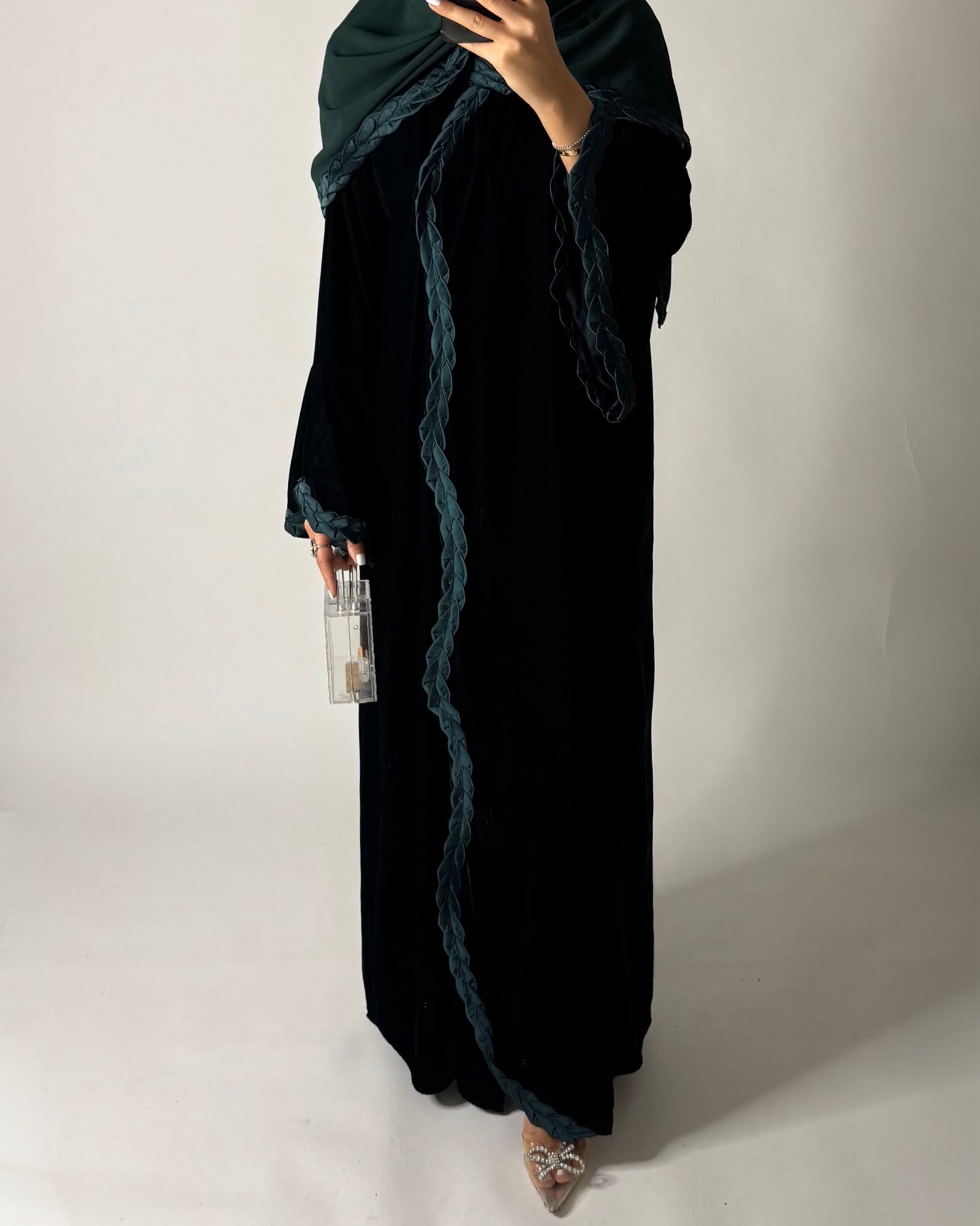 A688 - Forest Green Braided Waves Velvet Abaya with Matching Head Scarf
