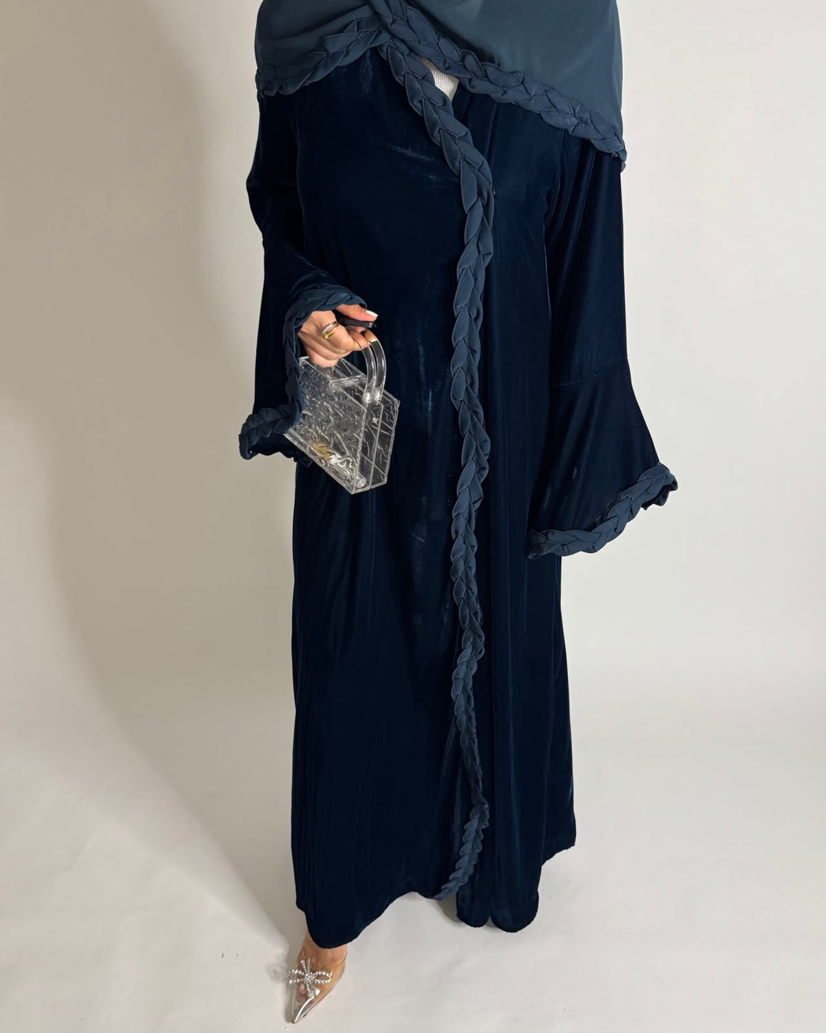A689 - Turquoise Blue Braided Waves Velvet Abaya with Matching Head Scarf