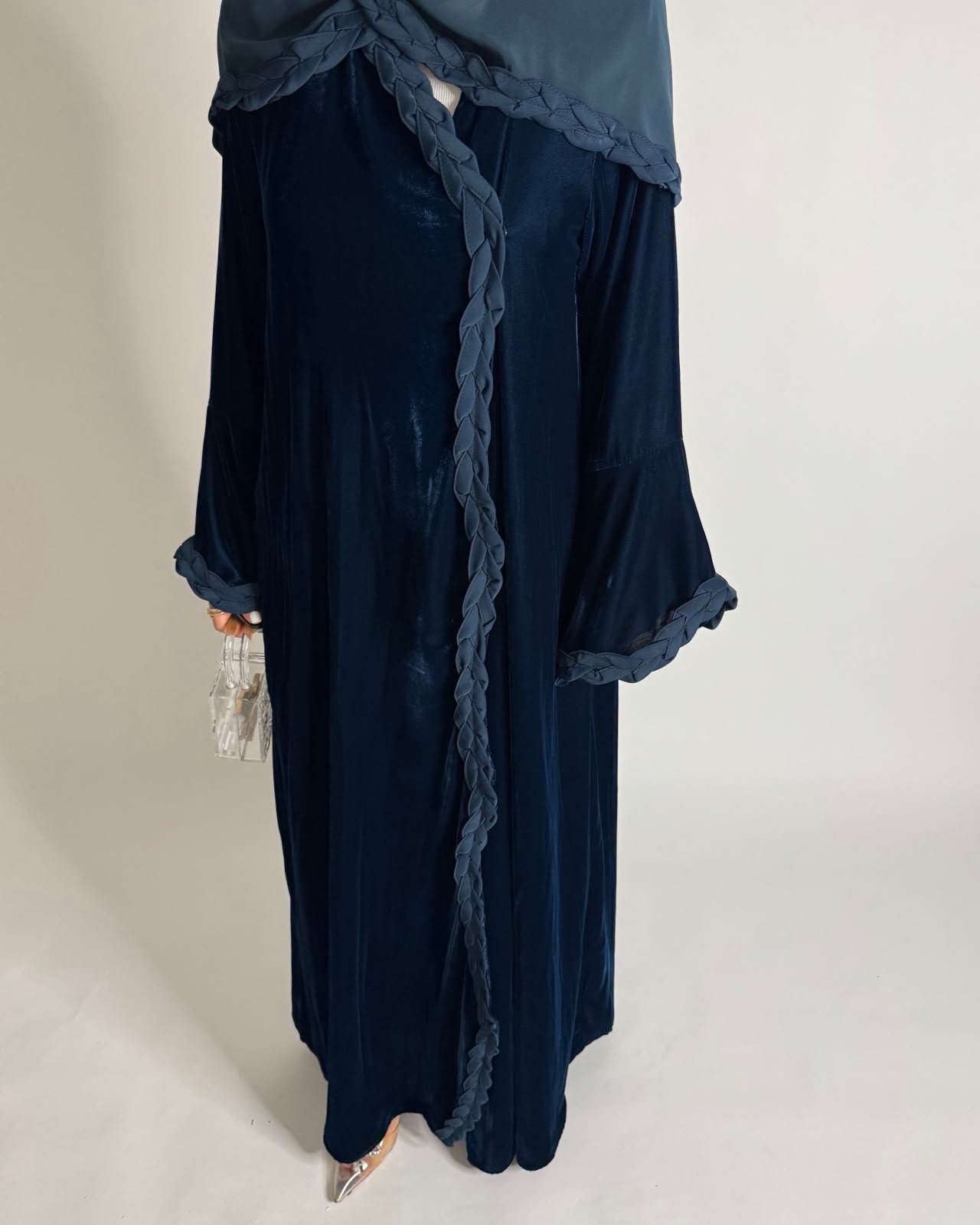 A689 - Turquoise Blue Braided Waves Velvet Abaya with Matching Head Scarf