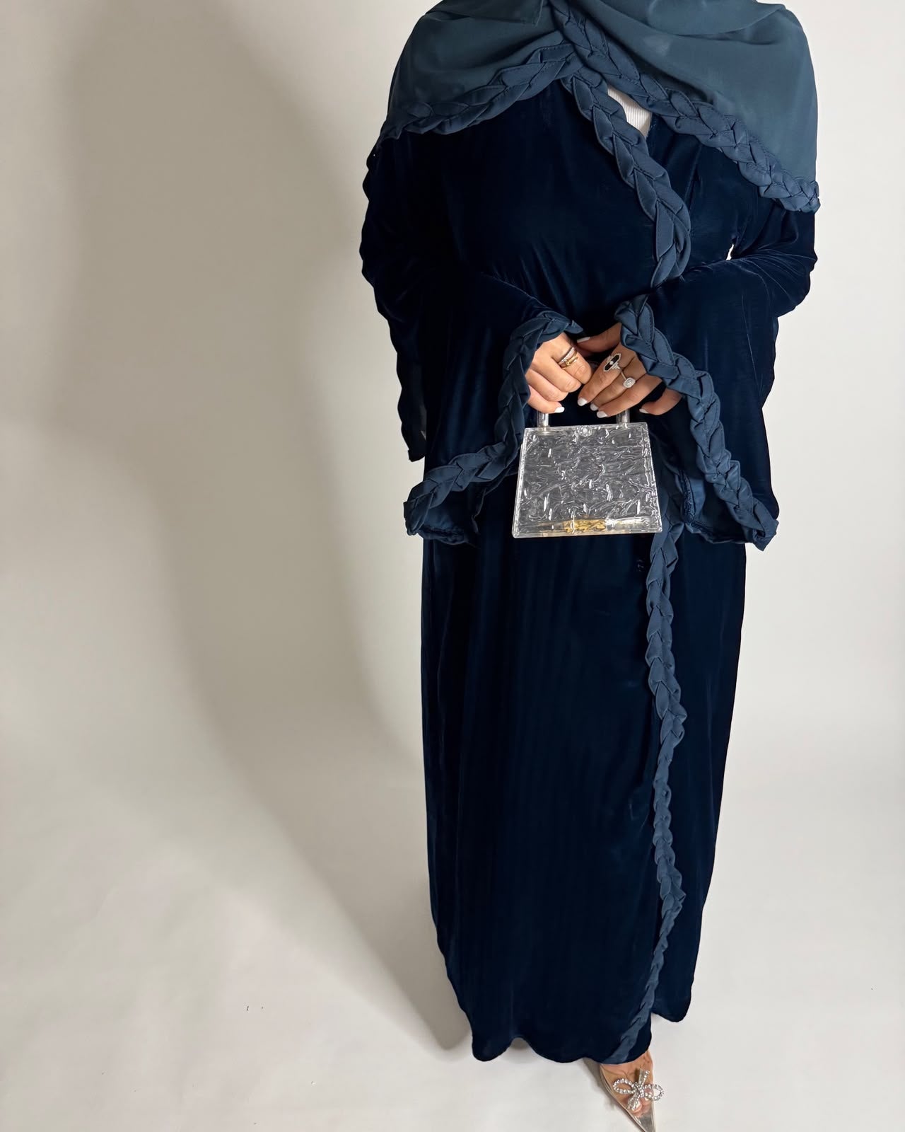 A689 - Turquoise Blue Braided Waves Velvet Abaya with Matching Head Scarf