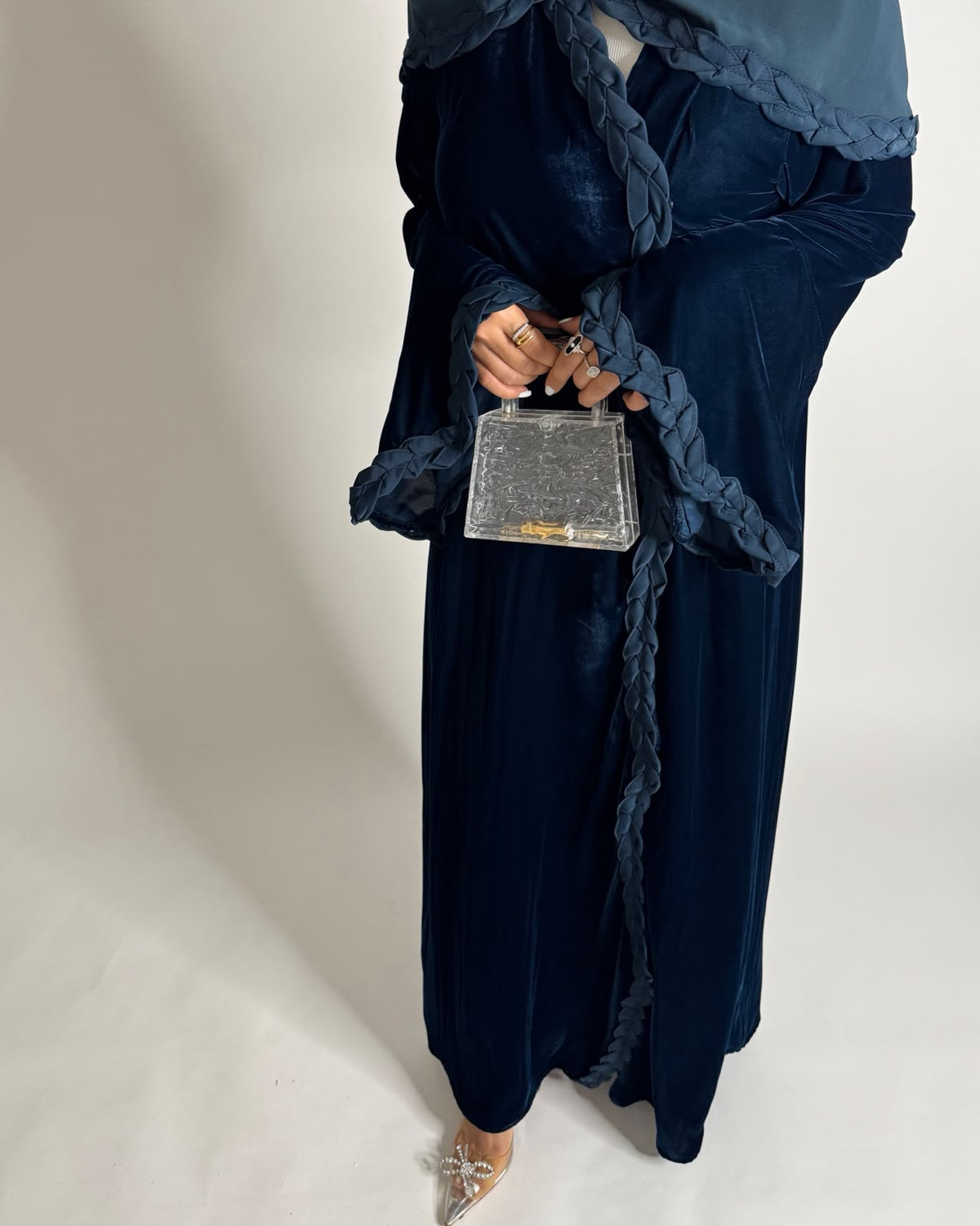 A689 - Turquoise Blue Braided Waves Velvet Abaya with Matching Head Scarf