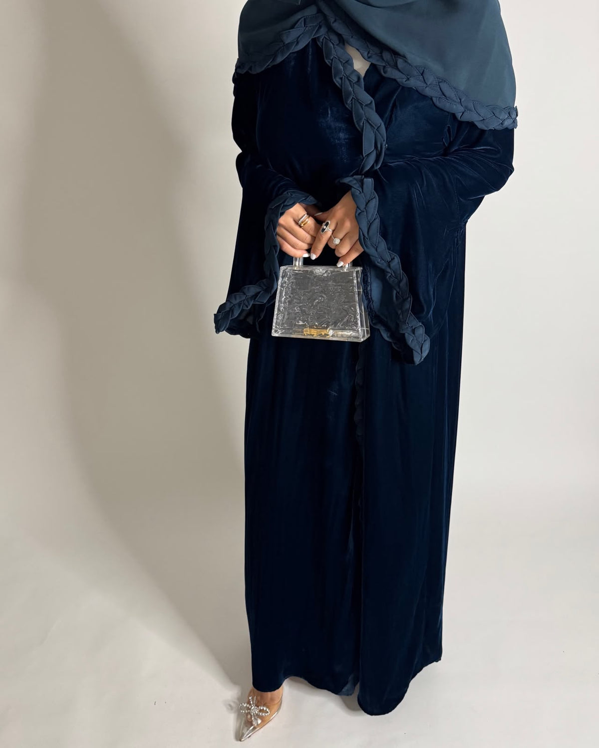 A689 - Turquoise Blue Braided Waves Velvet Abaya with Matching Head Scarf