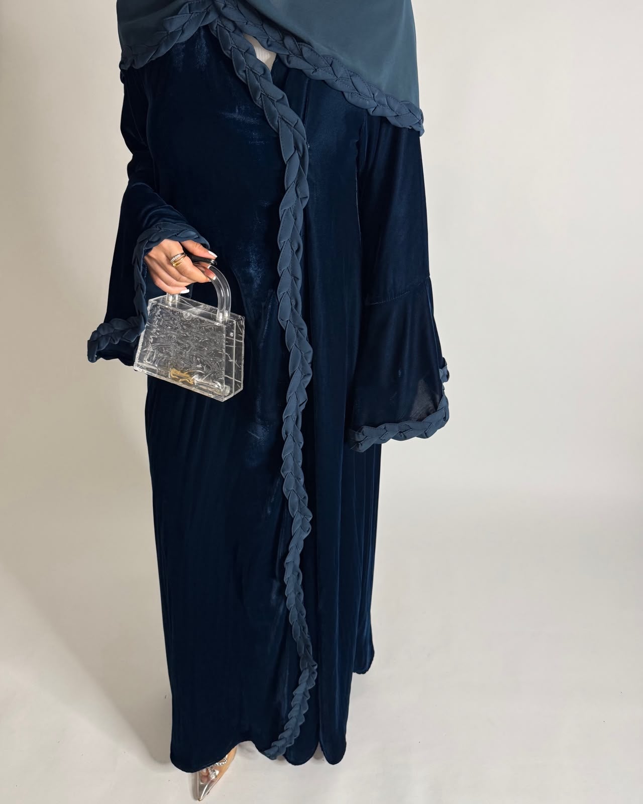 A689 - Turquoise Blue Braided Waves Velvet Abaya with Matching Head Scarf