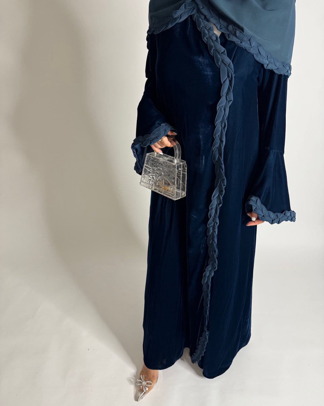 A689 - Turquoise Blue Braided Waves Velvet Abaya with Matching Head Scarf