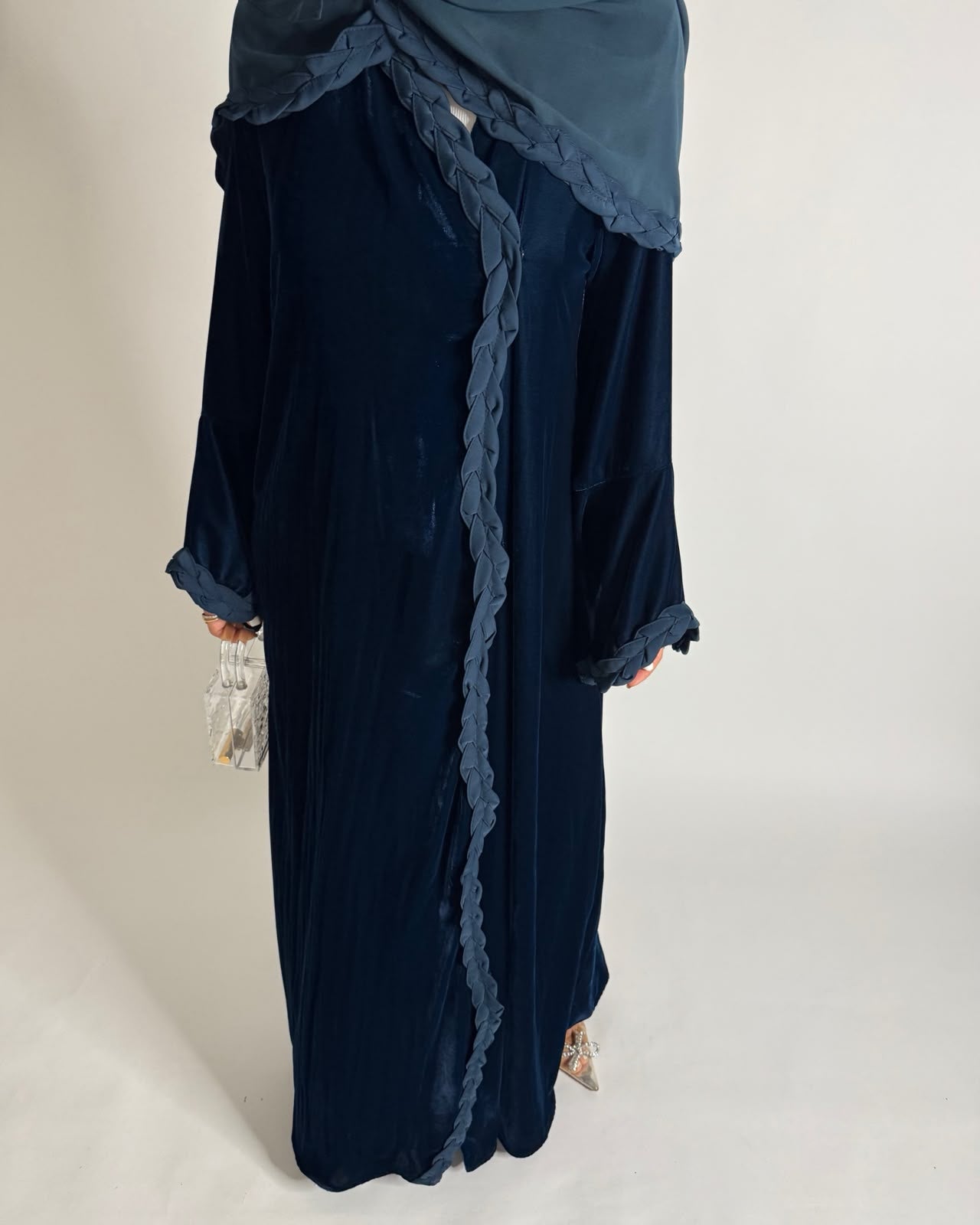 A689 - Turquoise Blue Braided Waves Velvet Abaya with Matching Head Scarf