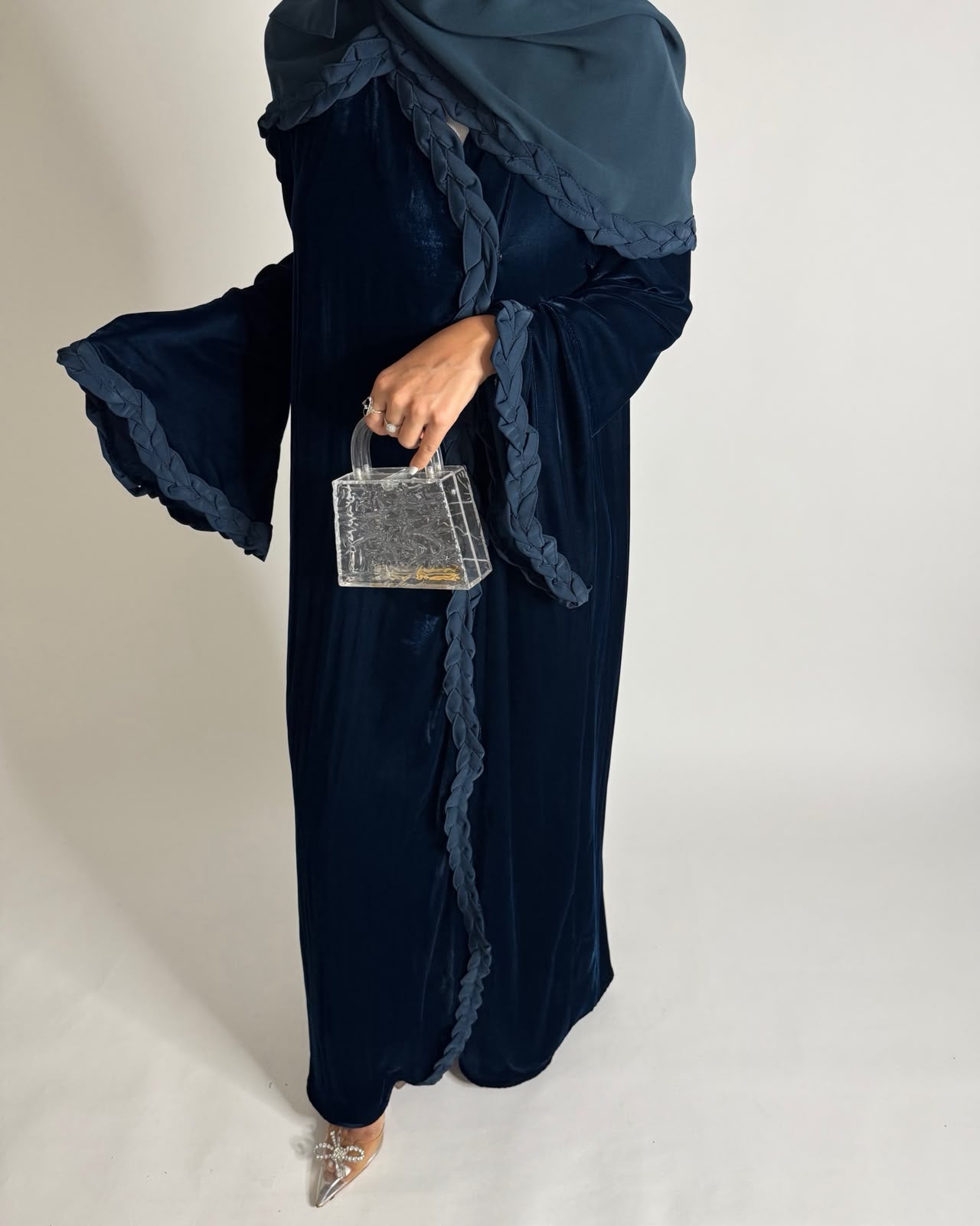 A689 - Turquoise Blue Braided Waves Velvet Abaya with Matching Head Scarf