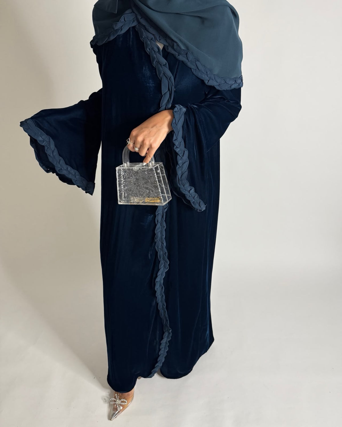 A689 - Turquoise Blue Braided Waves Velvet Abaya with Matching Head Scarf