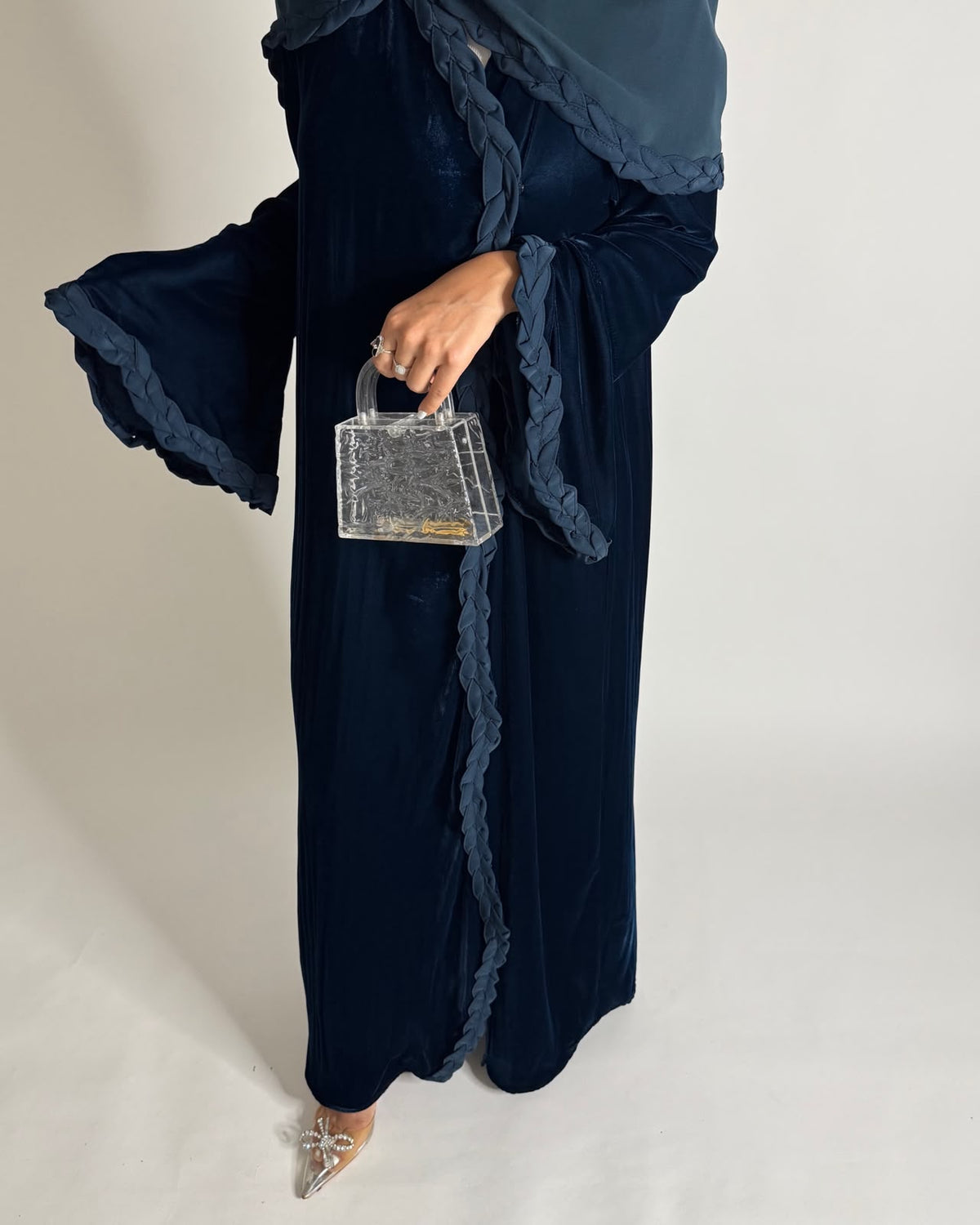 A689 - Turquoise Blue Braided Waves Velvet Abaya with Matching Head Scarf