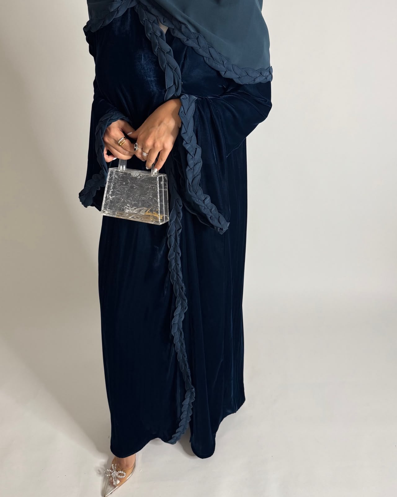 A689 - Turquoise Blue Braided Waves Velvet Abaya with Matching Head Scarf