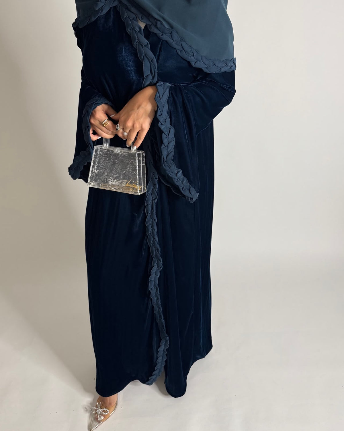 A689 - Turquoise Blue Braided Waves Velvet Abaya with Matching Head Scarf