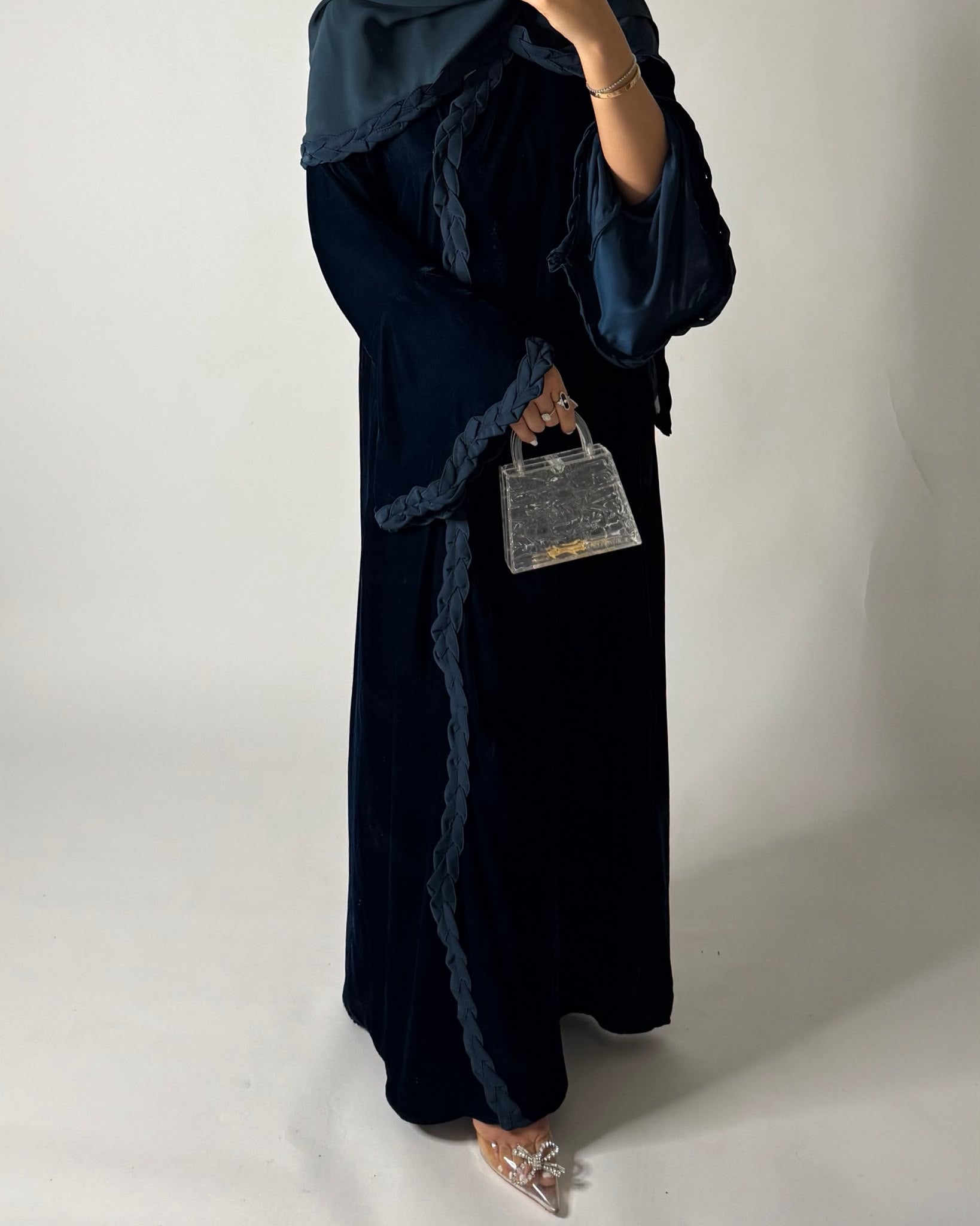A689 - Turquoise Blue Braided Waves Velvet Abaya with Matching Head Scarf