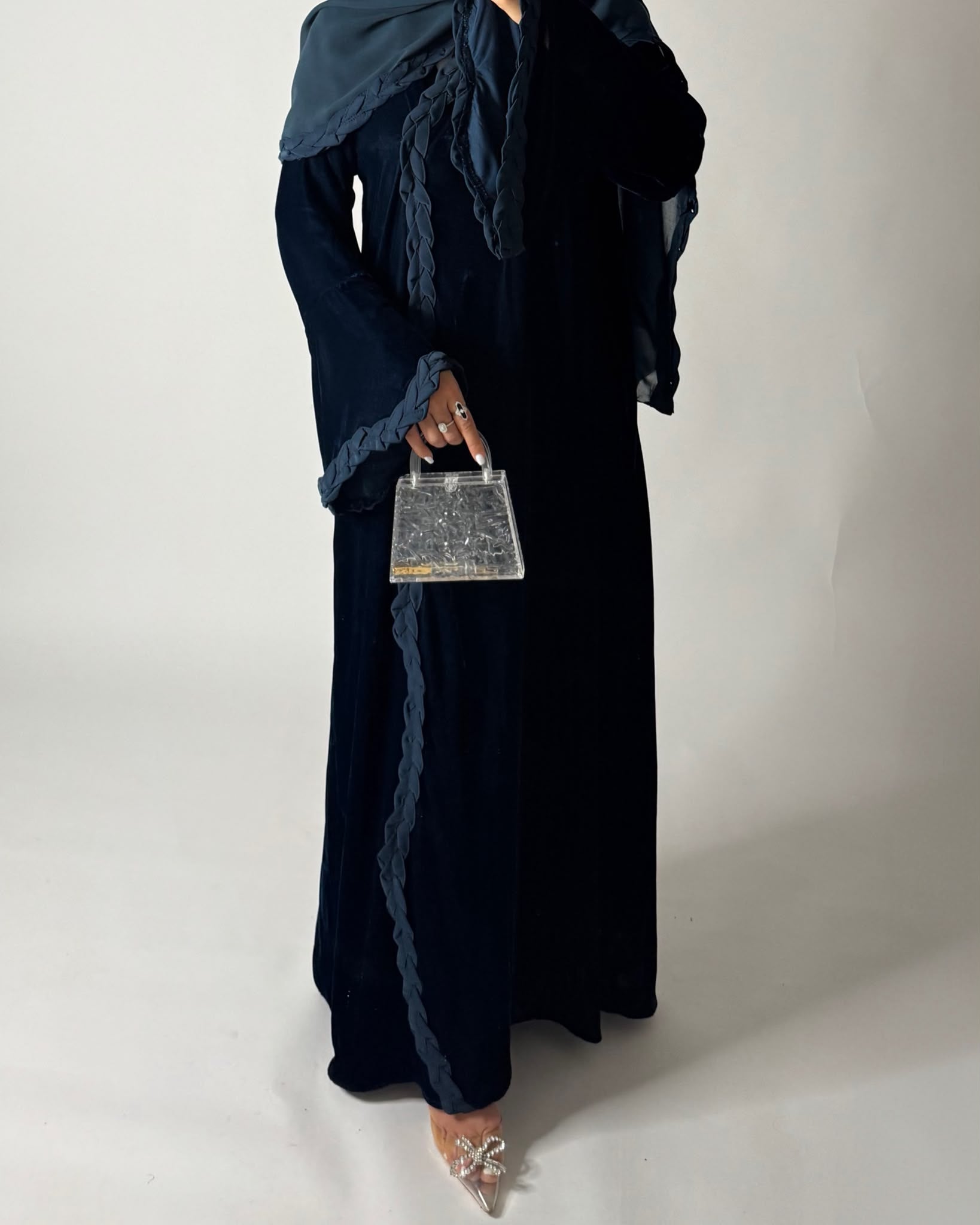 A689 - Turquoise Blue Braided Waves Velvet Abaya with Matching Head Scarf