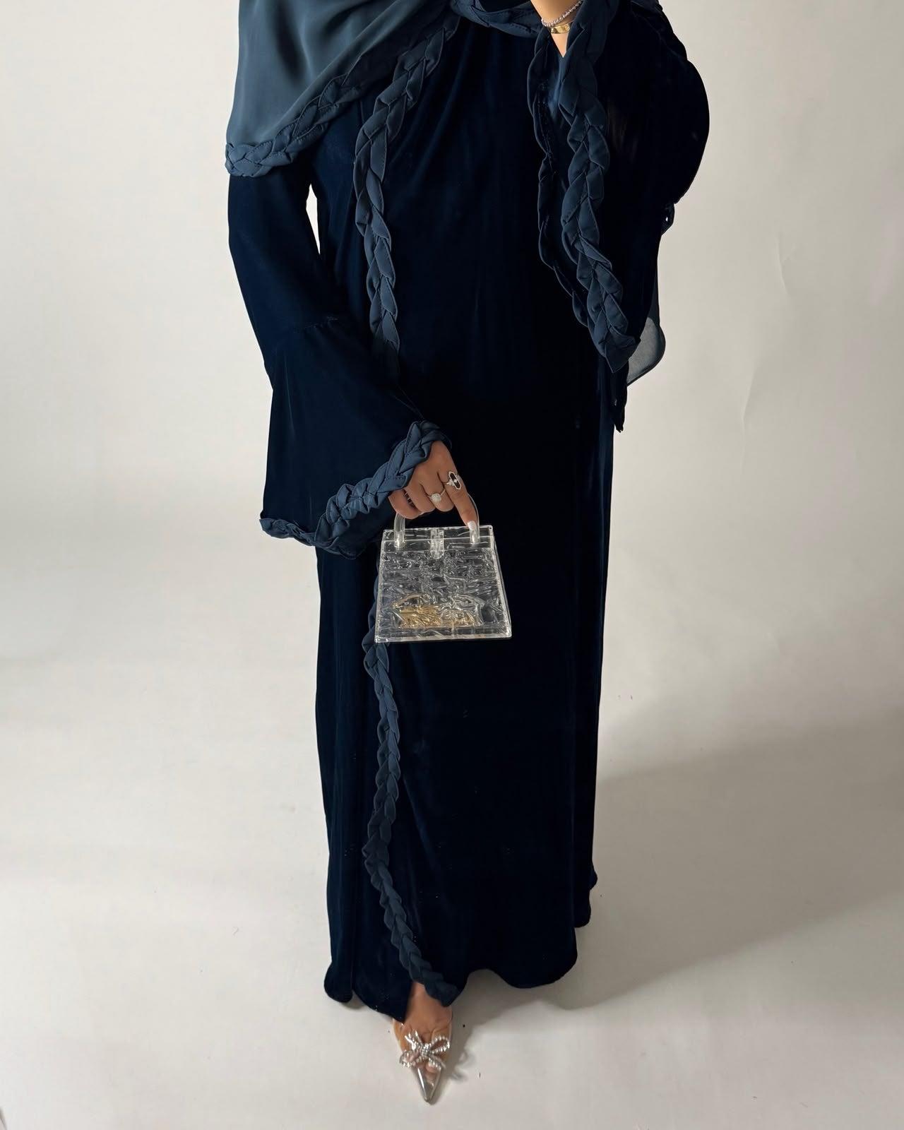 A689 - Turquoise Blue Braided Waves Velvet Abaya with Matching Head Scarf