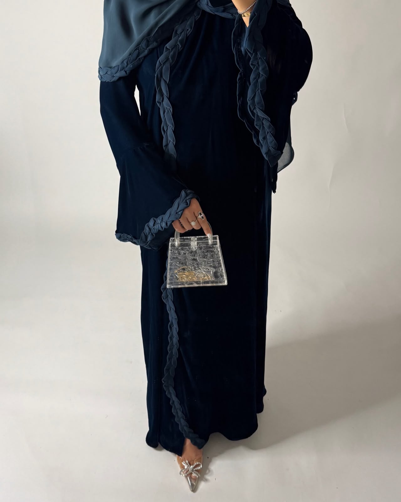 A689 - Turquoise Blue Braided Waves Velvet Abaya with Matching Head Scarf