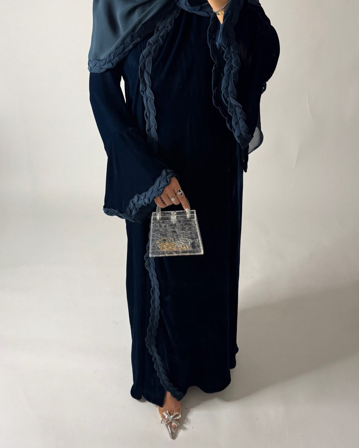 A689 - Turquoise Blue Braided Waves Velvet Abaya with Matching Head Scarf