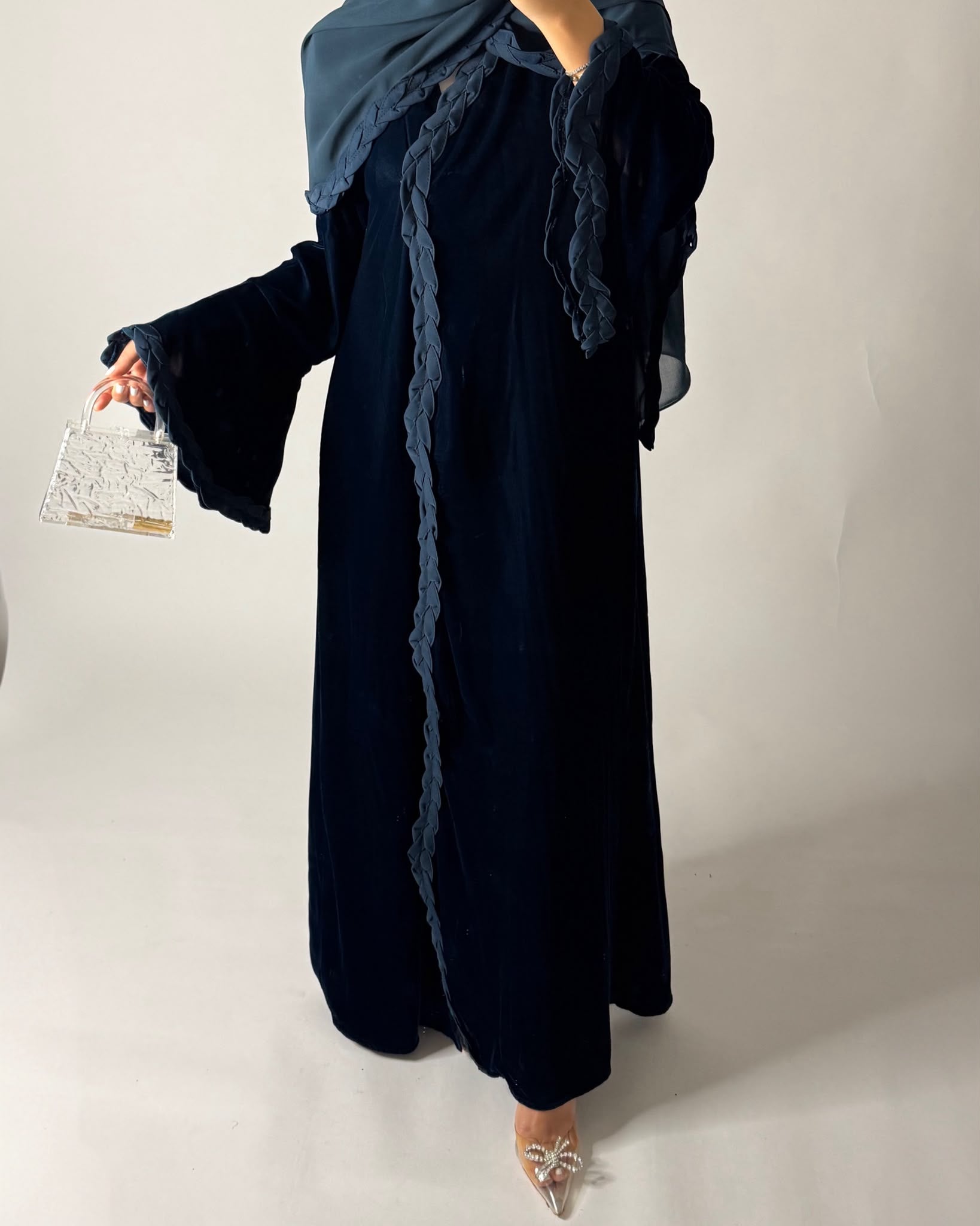 A689 - Turquoise Blue Braided Waves Velvet Abaya with Matching Head Scarf