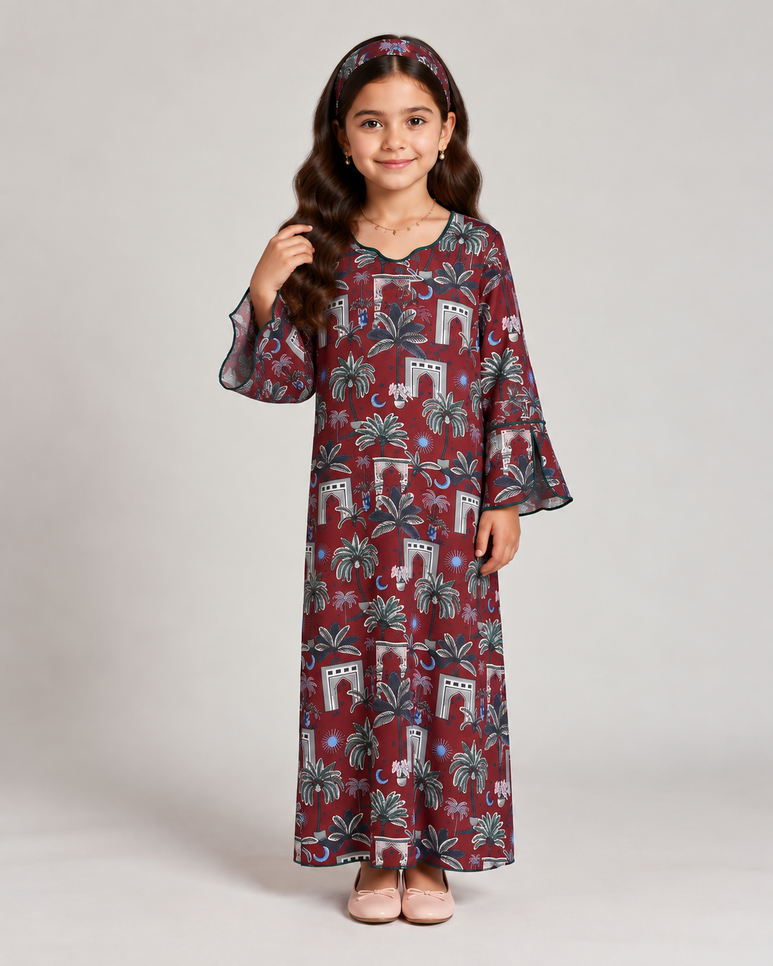 A665 - KIDS Maroon & Green Moon & Palm Tree Pattern Jalabiya & Head Band