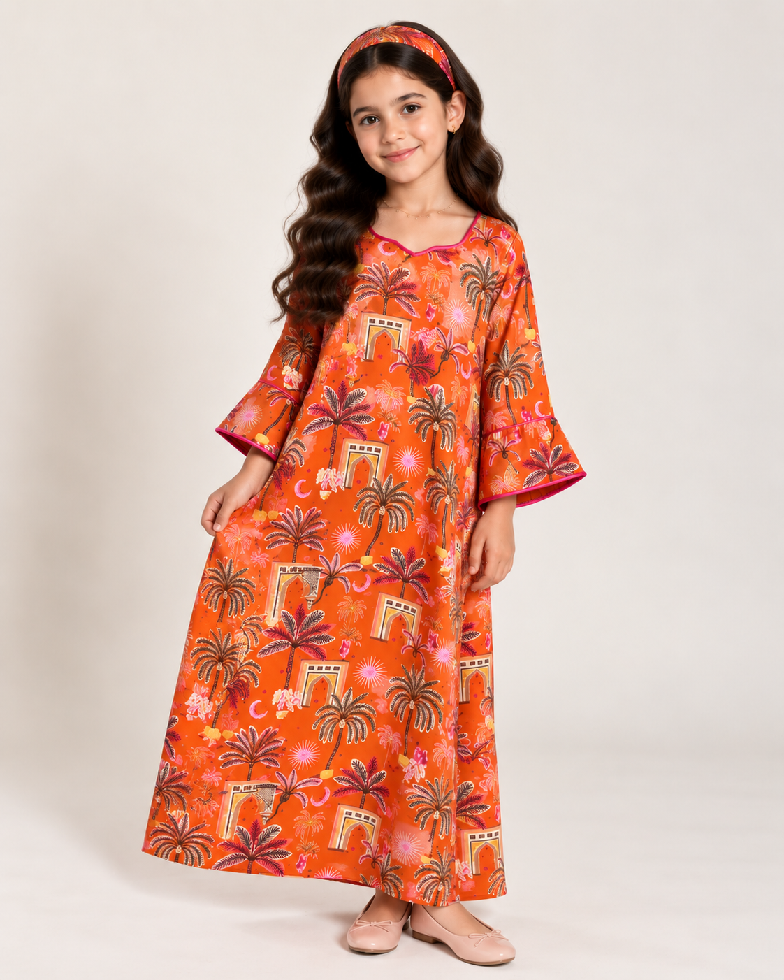A664 - Orange & Pink Moon & Palm Tree Pattern Jalabiya & Head Band