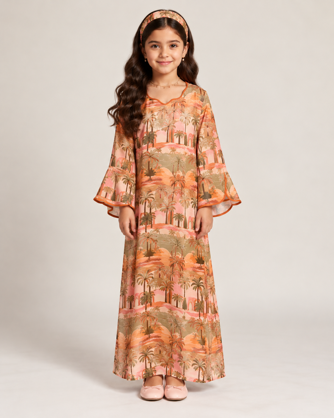 A666 - KIDS Orange & Olive Green Palm Tree Pattern Jalabiya & Head Band