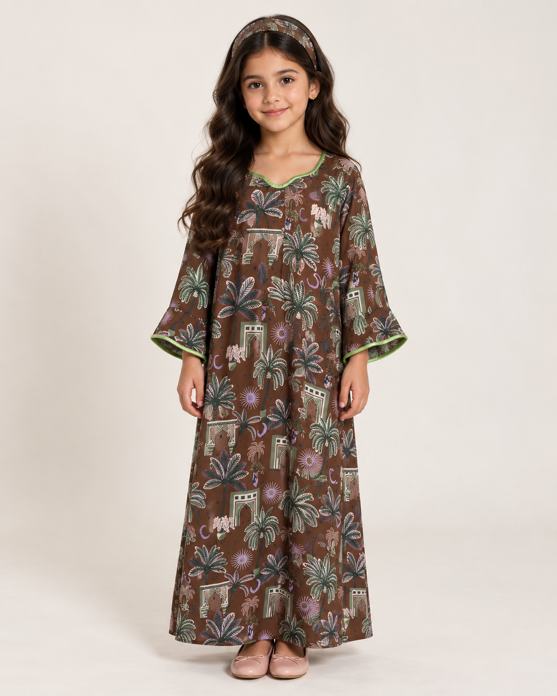 A662 - Brown & Green Moon & Palm Tree Pattern Jalabiya & Head Band