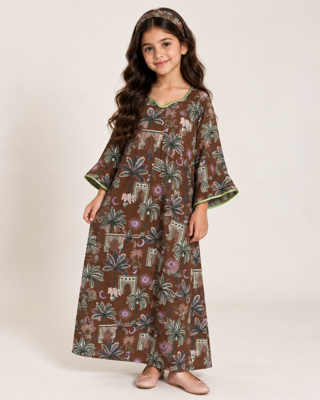 A662 - Brown & Green Moon & Palm Tree Pattern Jalabiya & Head Band