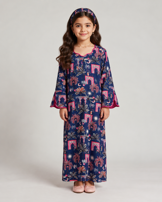 A660 - KIDS Navy Blue & Pink Moon & Palm Tree Pattern Jalabiya & Head Band