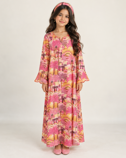 A668 - KIDS Pink & Yellow Palm Tree Pattern Jalabiya & Head Band
