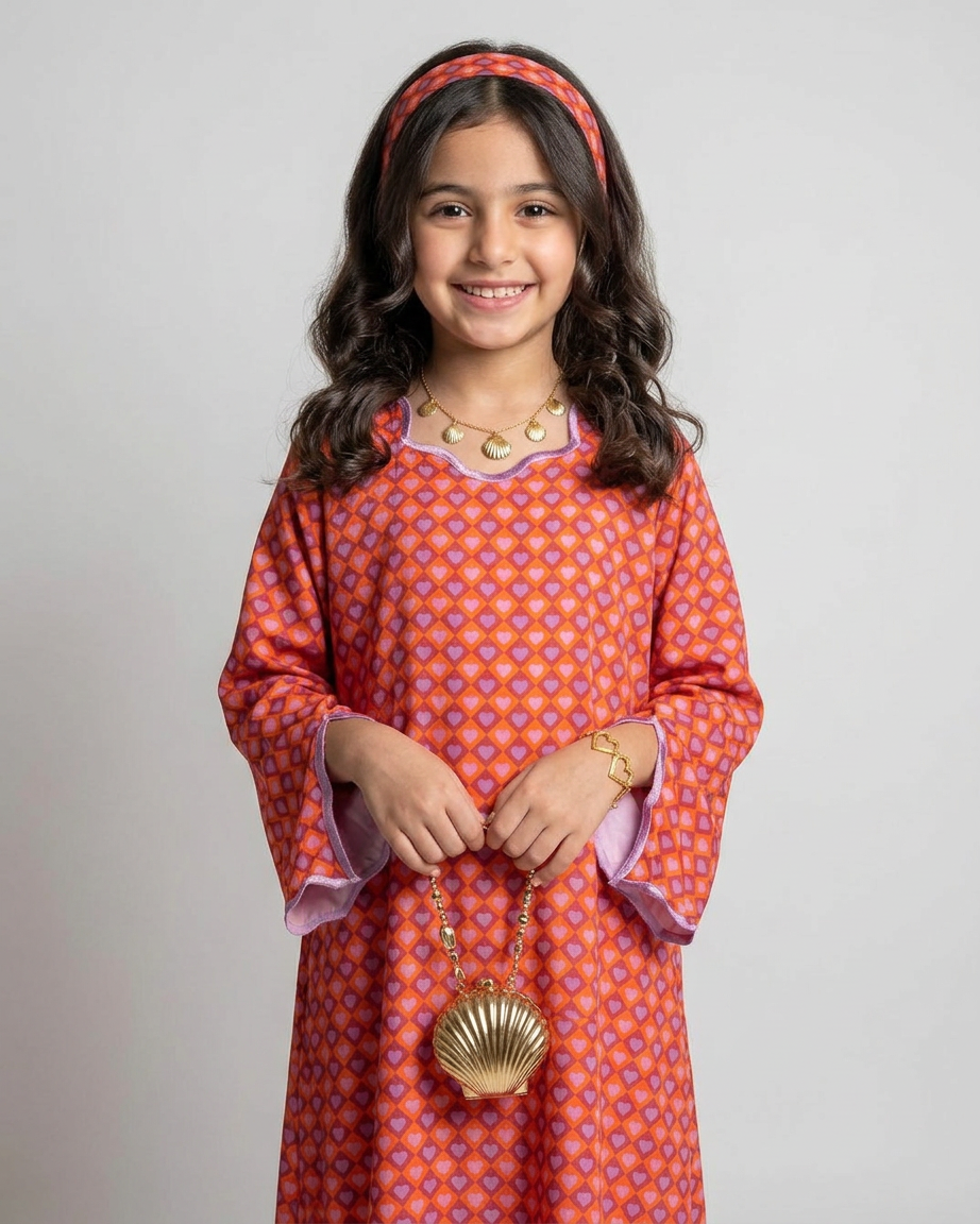 A558 - KIDS Red & Purple Heart Pattern Jalabiya & Head Band