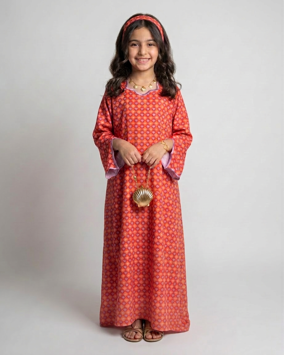 A558 - KIDS Red & Purple Heart Pattern Jalabiya & Head Band