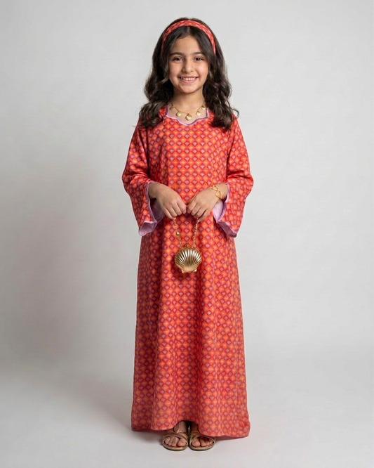 A558 - KIDS Red & Purple Heart Pattern Jalabiya & Head Band