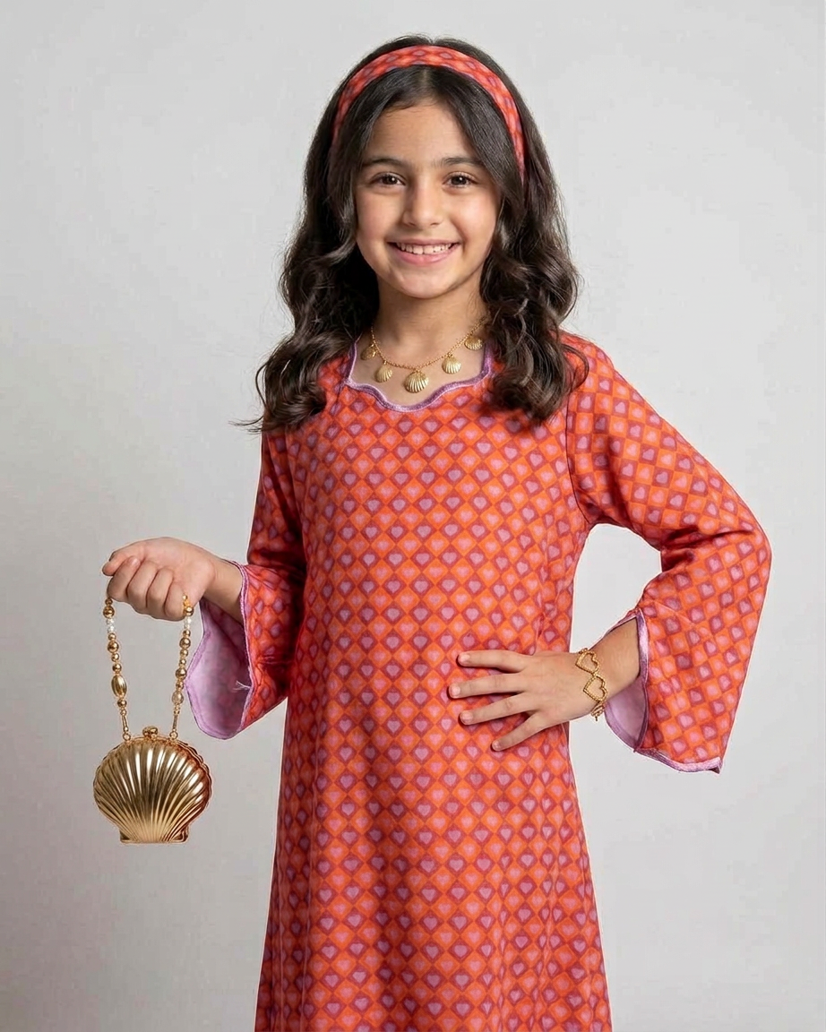A558 - KIDS Red & Purple Heart Pattern Jalabiya & Head Band