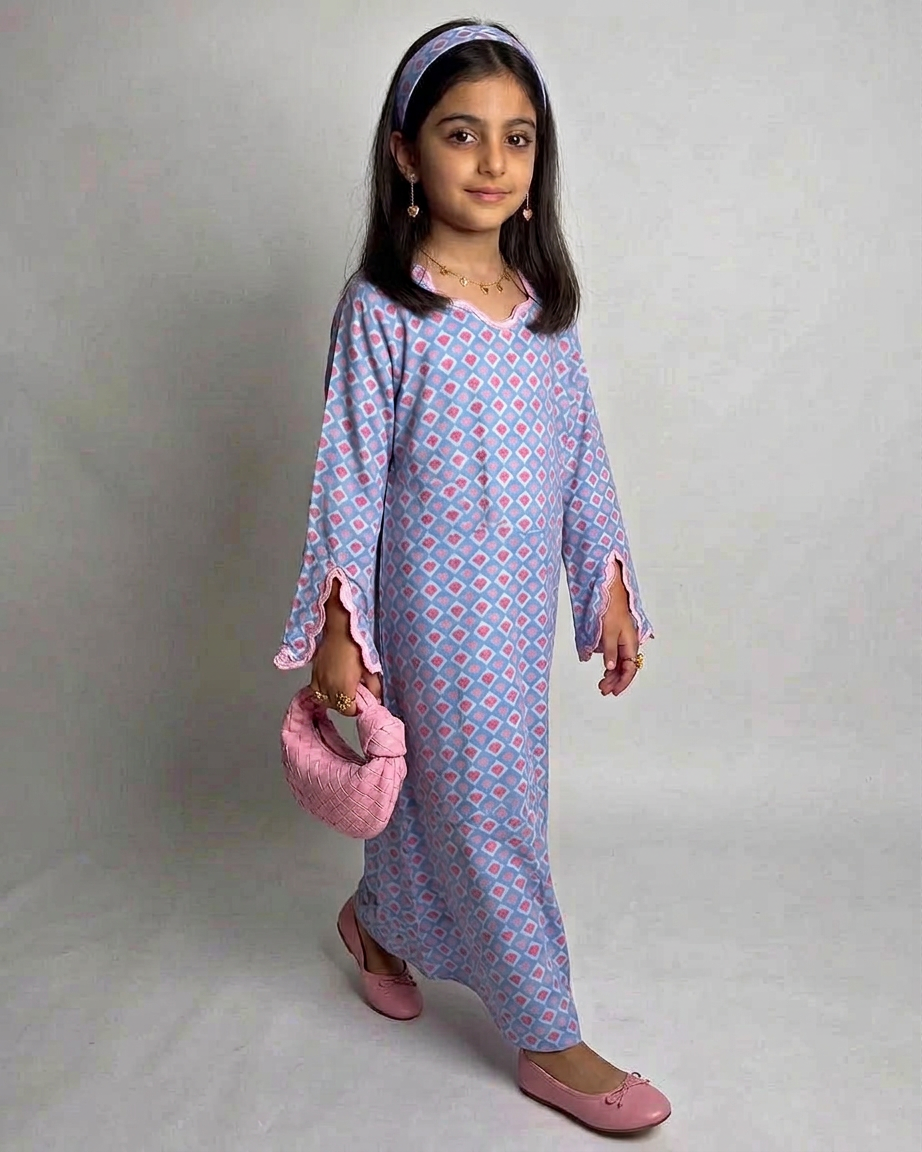 A557 - KIDS Blue & Pink Heart Pattern Jalabiya & Head Band