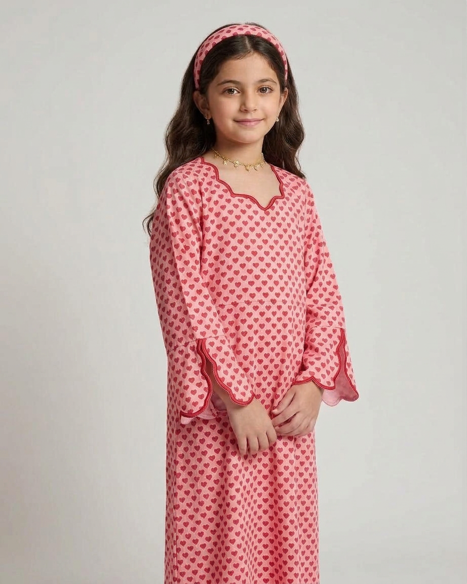 A556 - KIDS Pink & Red Heart Pattern Jalabiya & Head Band