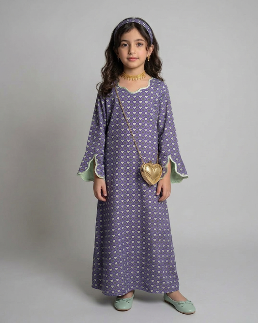 A555 - KIDS Purple & Green Heart Pattern Jalabiya & Head Band