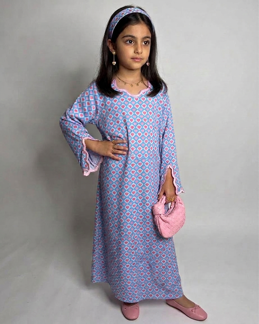 A557 - KIDS Blue & Pink Heart Pattern Jalabiya & Head Band