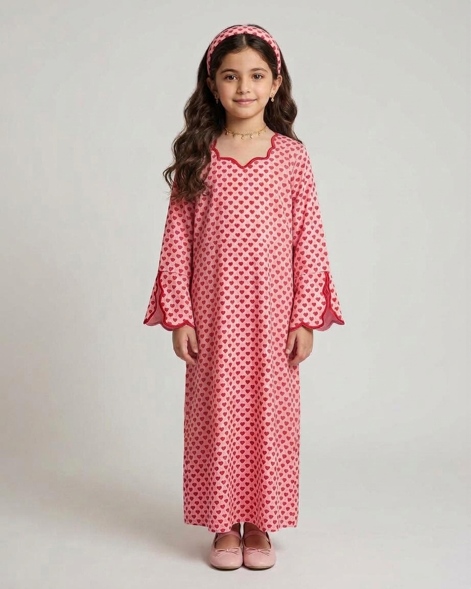 A556 - KIDS Pink & Red Heart Pattern Jalabiya & Head Band