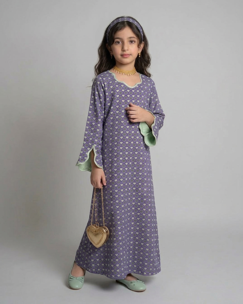 A555 - KIDS Purple & Green Heart Pattern Jalabiya & Head Band