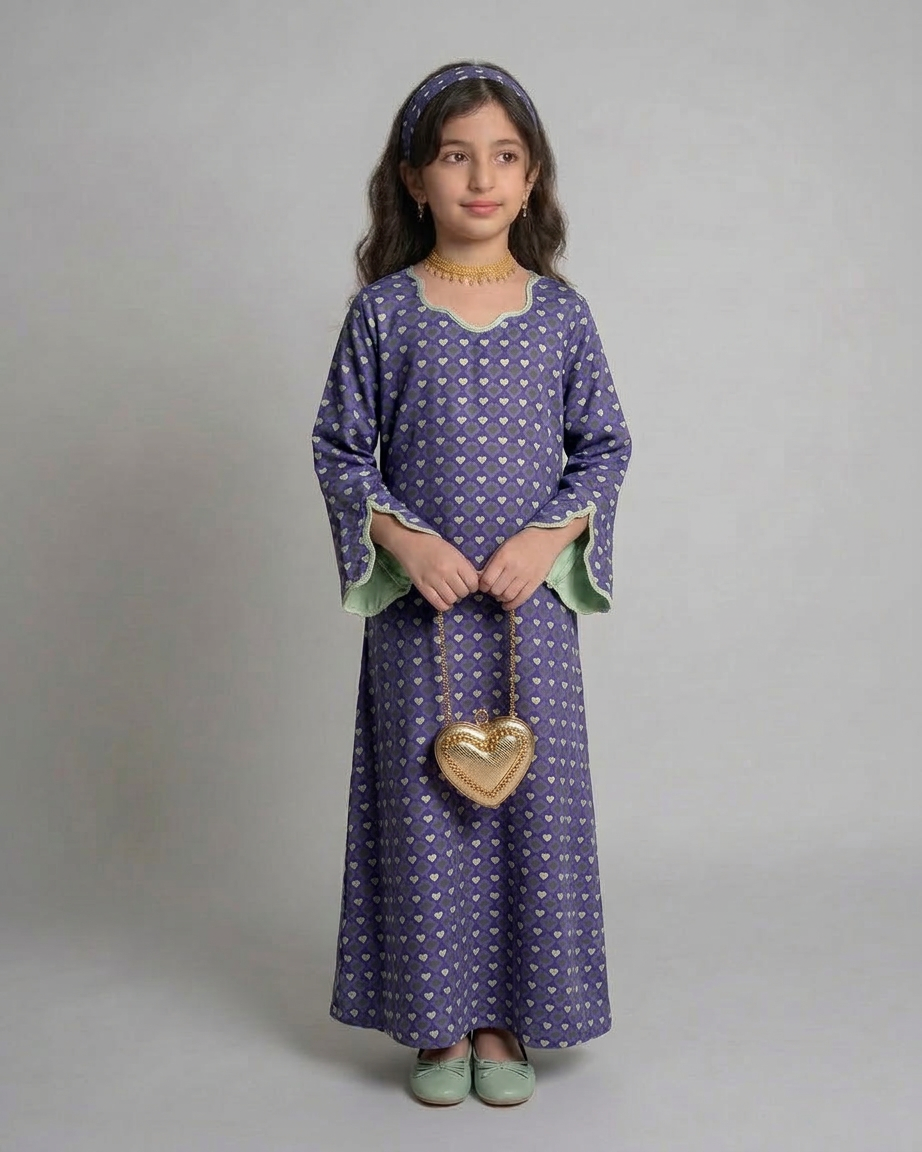 A555 - KIDS Purple & Green Heart Pattern Jalabiya & Head Band