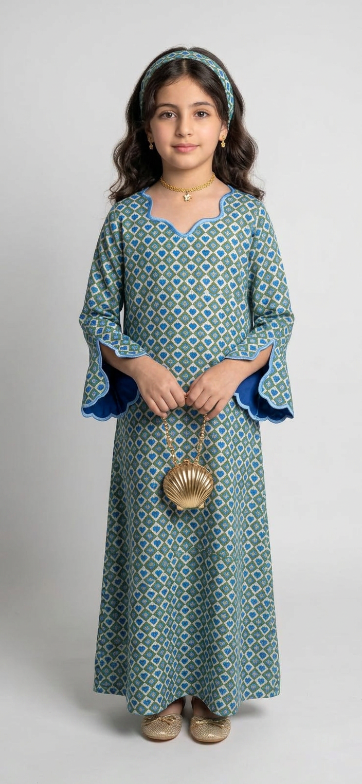 A554 - KIDS Blue & Green Heart Pattern Jalabiya & Head Band