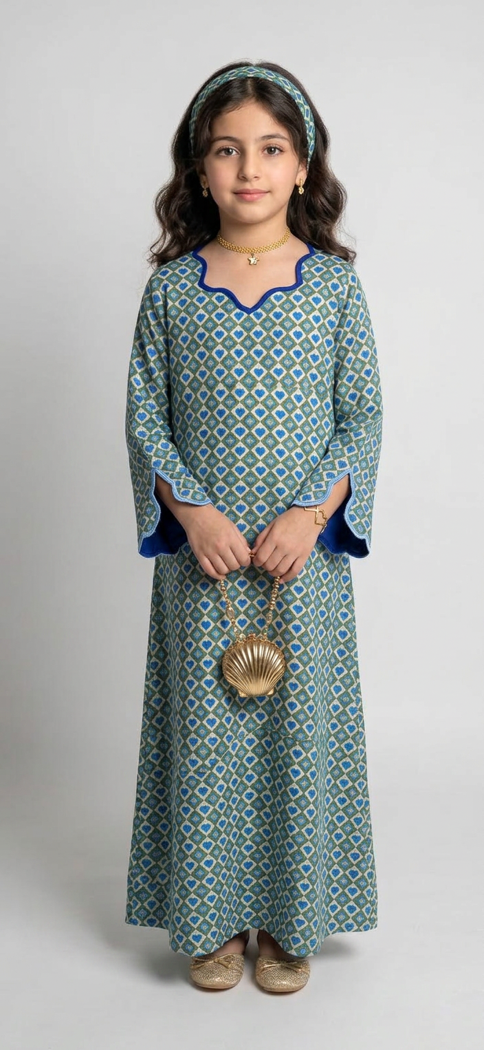 A554 - KIDS Blue & Green Heart Pattern Jalabiya & Head Band