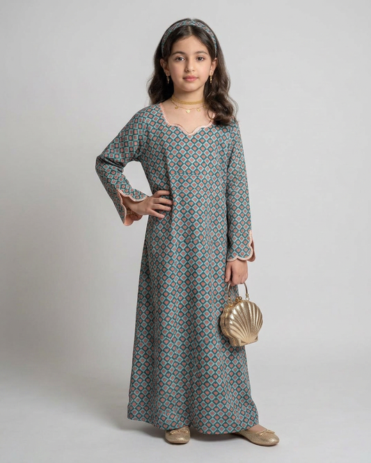 A559 - KIDS Blue & Peach Heart Pattern Jalabiya & Head Band
