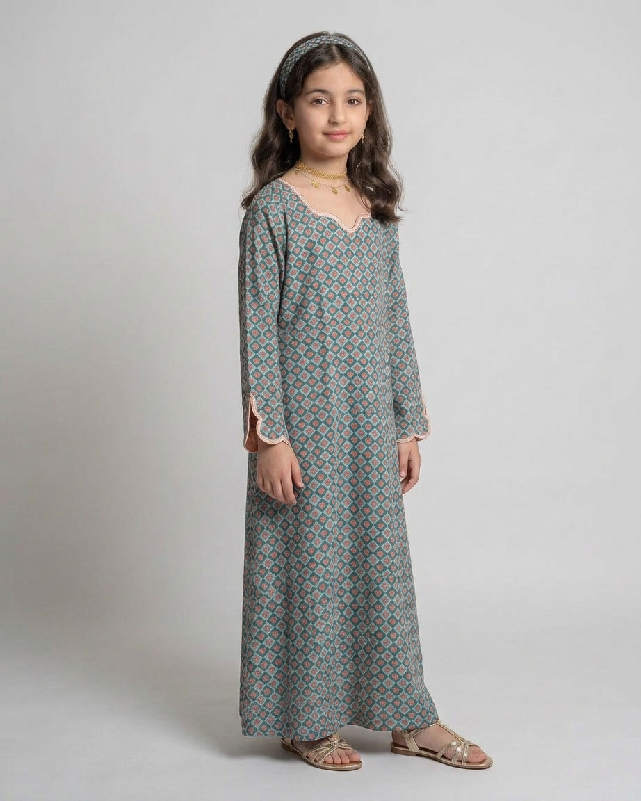 A559 - KIDS Blue & Peach Heart Pattern Jalabiya & Head Band