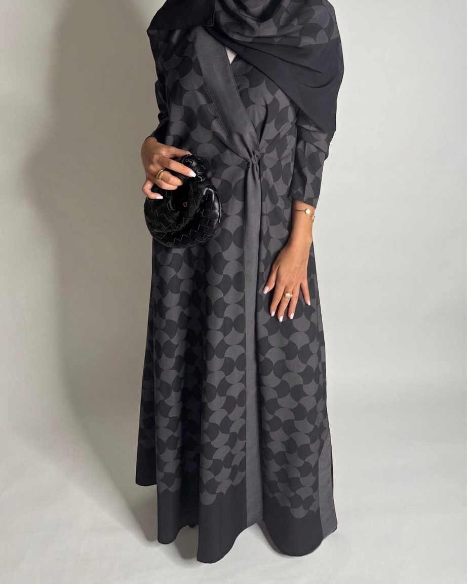 A544 - Black & Gray A-Cut Pattern Abaya & Matching Head Scarf