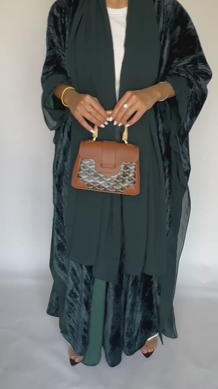 A301 - Green Velvet Bisht Cut Abaya