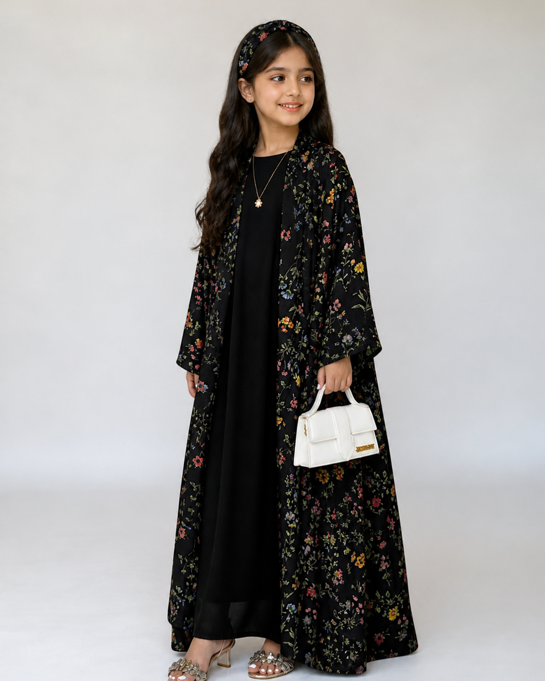 A581 - KIDS Black Summery Flower Abaya & Matching Head Band