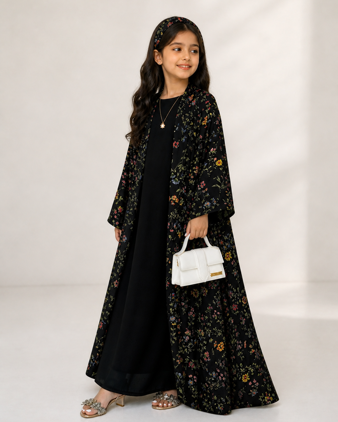 A581 - KIDS Black Summery Flower Abaya & Matching Head Band