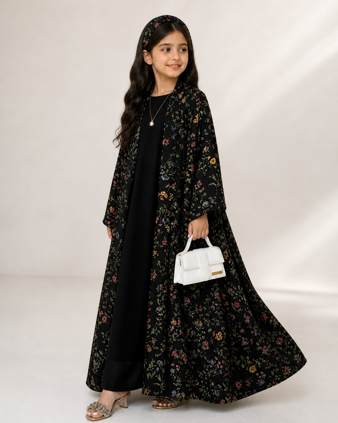 A581 - KIDS Black Summery Flower Abaya & Matching Head Band